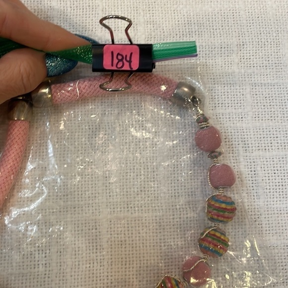 Light pink glass chunky bead large cord wire wrapped yellow green blue stripe - Picture 8 of 8